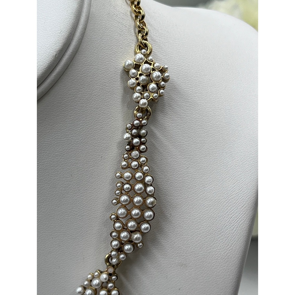 Oscar de la Renta Crystal Torn Paper Pearl Glamour Antique Gold Tone Necklace - Picture 4 of 12